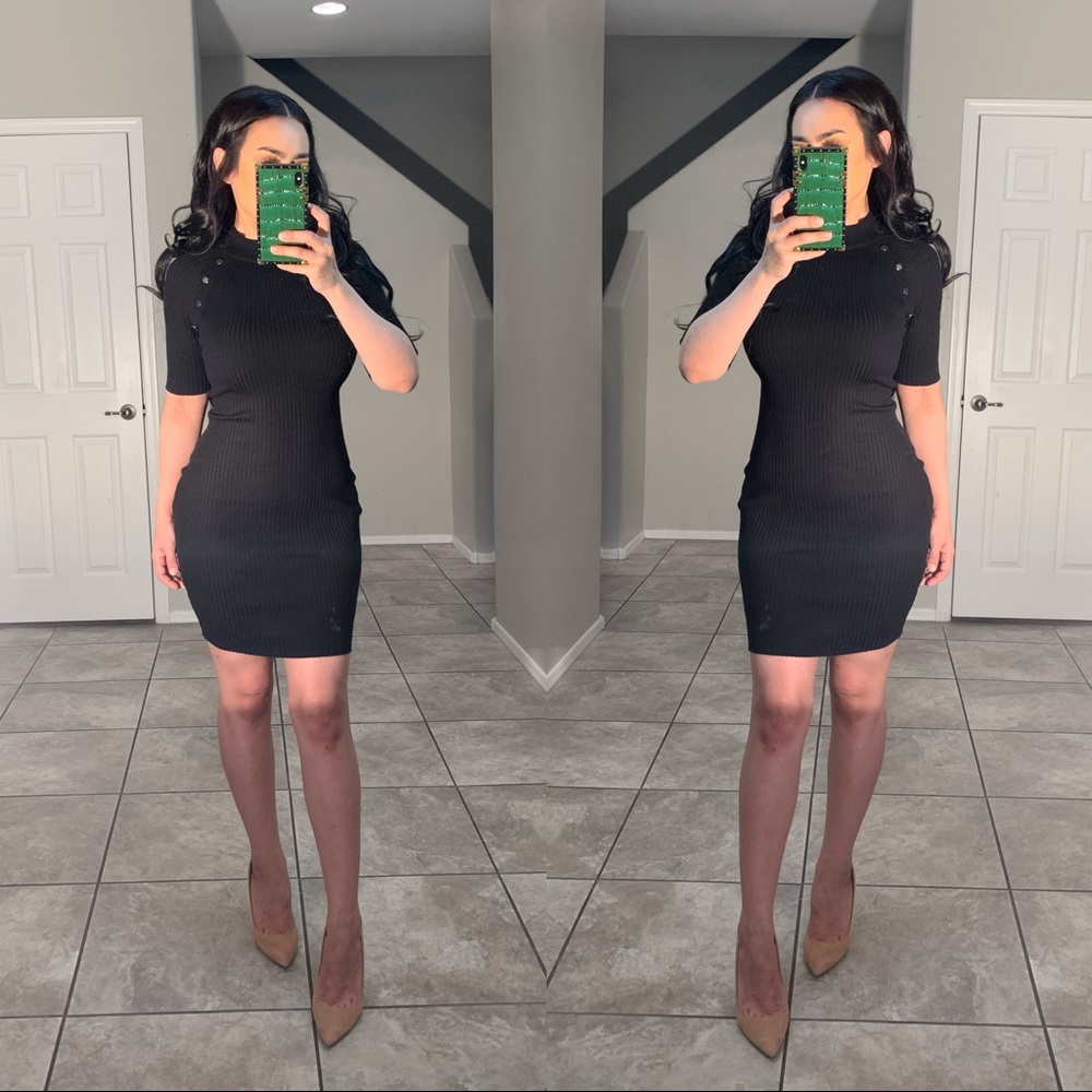 Mock collar knit dress button dec SAYWHATNY